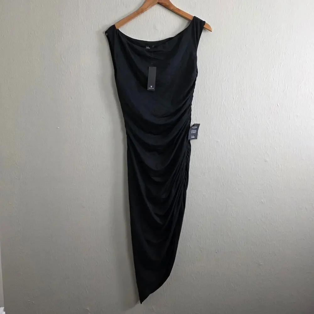 NEW Lulus Incredibly Posh Black Ruched Asymmetrical Midi Dress - Picture 4 of 13